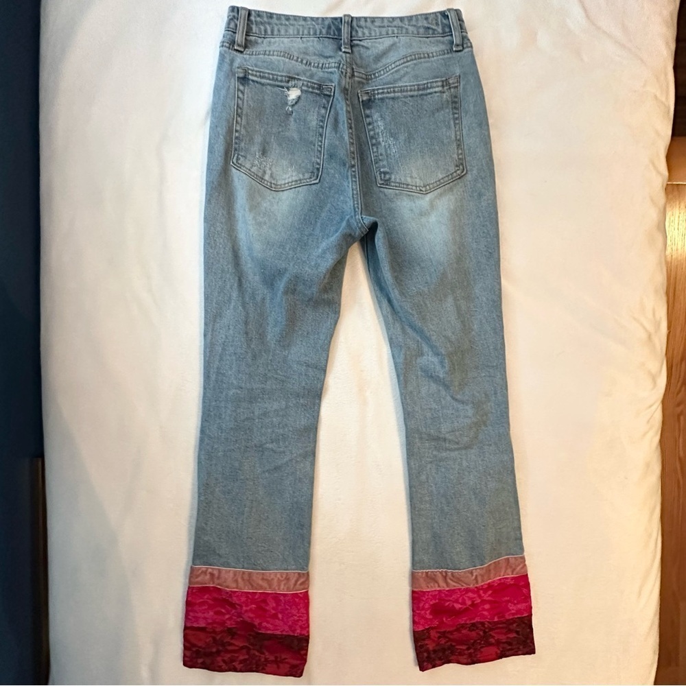 Juicy Couture Floral Velvet Satin Cuffs Crop Straight Leg Distressed Jeans 4 Y2K - Picture 4 of 10